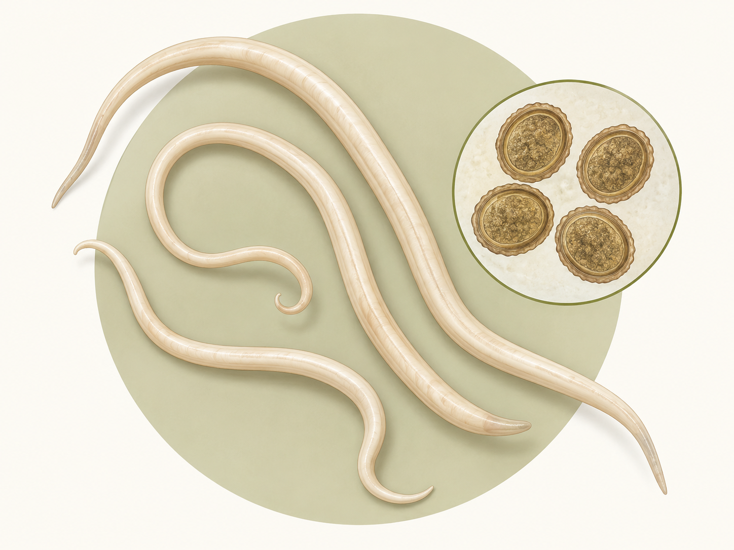 Veterinárna ilustrácia dospelých škrkaviek a ich mikroskopických vajíčok